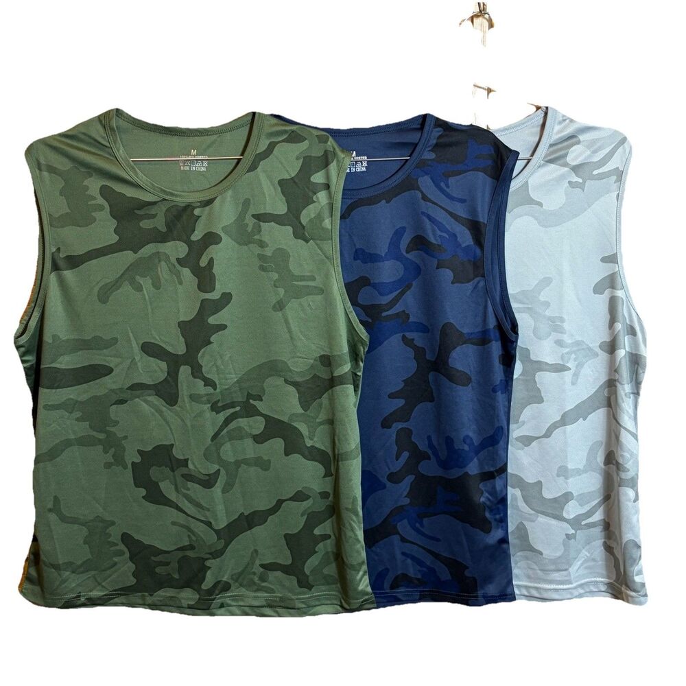 Men's Camo Sleeveless Tank Tops Lot of 3 Breathable Polyester Size M Athletic